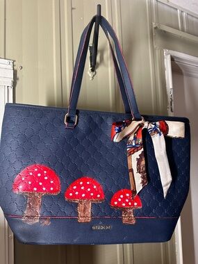 Studio F Navy Tote with hand painted Red Mushroom Motif and Scarf Accent